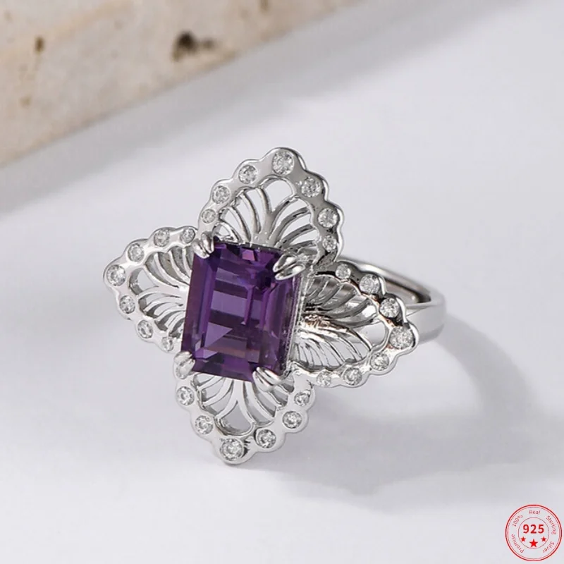 

S925 Sterling Silver Charms Rings for Women New Fashion Hollow Flowers Inlaid Square Natural Amethyst Jewelry Free Shipping