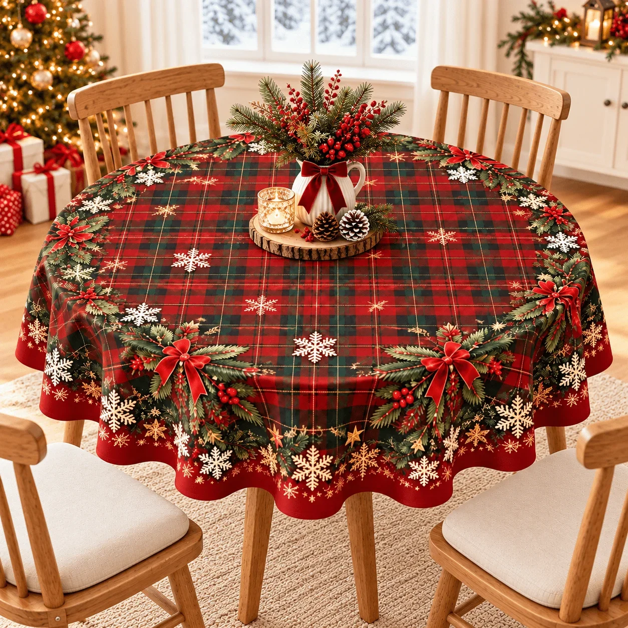 1 round tablecloth, polyester Christmas table cloth, red and green checked snowflake wreath print