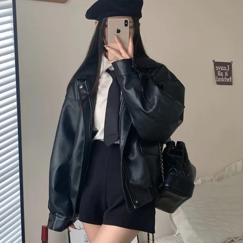 Women American Retro Fashion Pure Color Jacket Motorcycle Unisex Autumn High Street Simple Trendy Zipper Cool Leather Jacket