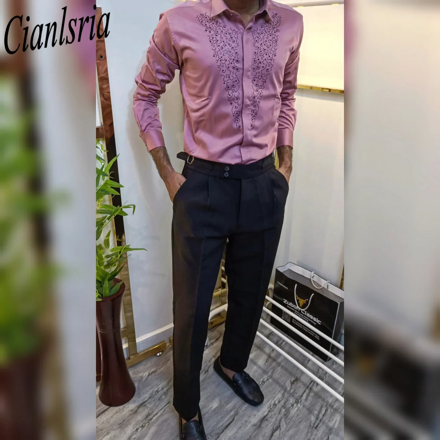 Men Formal Party Wear Shirt - 남성용 V자형 풀 라인스톤 긴팔 드레스