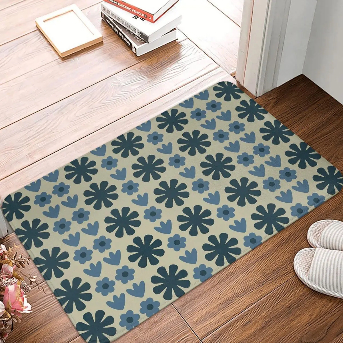 Scandi Floral Grid Retro Pattern In Vintage Blue And Beige Non-slip Doormat Floor Mat Carpet Rug for Kitchen Home Footpad Mats