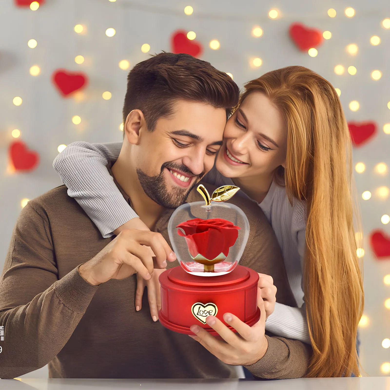 Apple-Shaped Preserved Real Rose Box with I Love You Necklace, Forever Love Eternal Flower Gift for Her Birthday,Anniversary Day