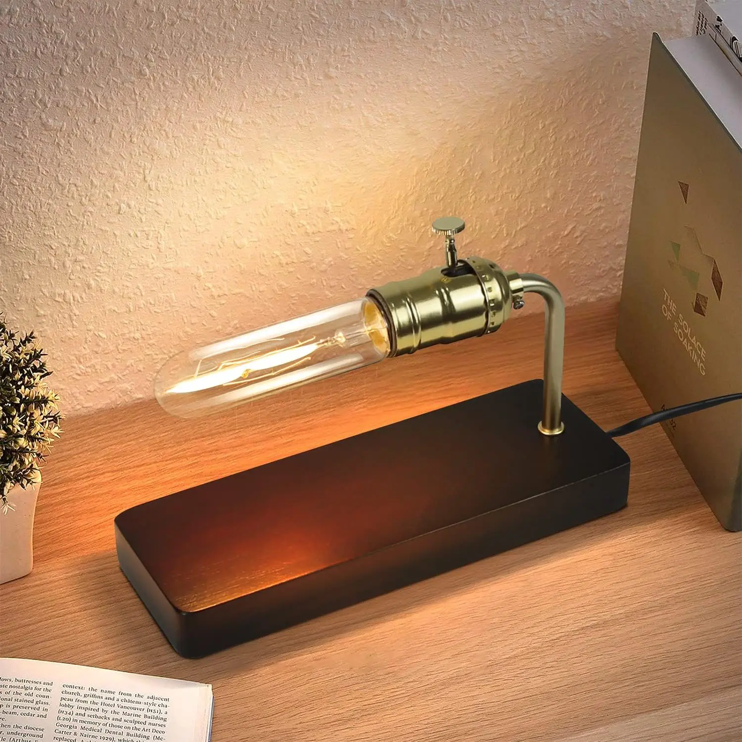 Vintage Tischlampe Holztischlampe - Industrielle Nachttischlampe mit Schalter Retro Design Nachtlampe Steampunk Antik Metall Für Wohnzimmer Schlafzimmer Bett Büro Hotel(ohne Leuchtmittel)