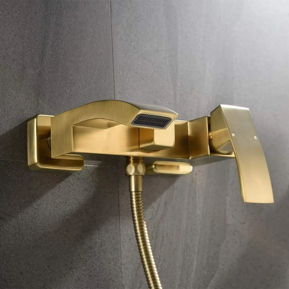 Brass Waterfall Wall-Mounted Bathroom Bathtub Faucet with Handheld Shower