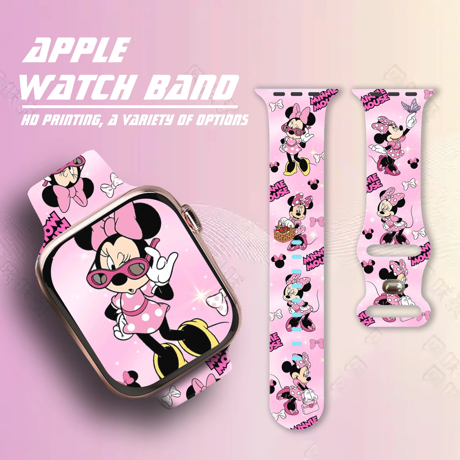 Tali Silikon Seri Disney Minnie untuk IWatch 44Mm 42Mm 41Mm 40Mm Kompatibel dengan Apple Watch 11 10 9 SE Gelang Jam Dapat Diganti