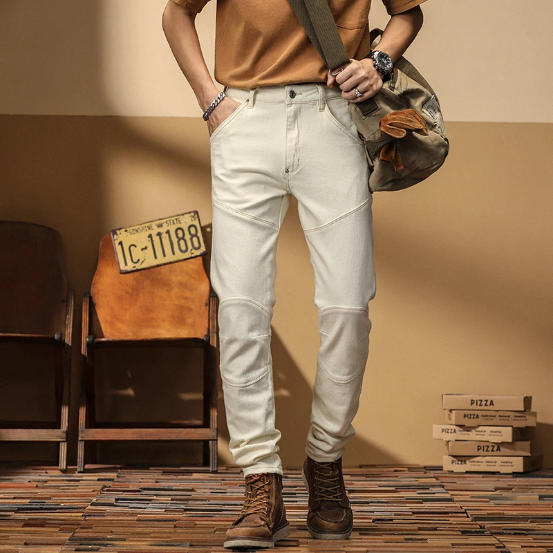 

Trendy Spring Men's Slim Fit Jeans Motorcycle Patchwork Long Velvet Cotton mid Waist Casual Straight Leg Long Pants