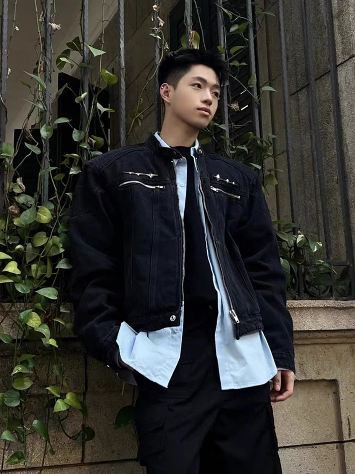 

Retro Waed Distred Metal Design Loose Fit ort Jaet Men's Spring Autumn Casual Sle Zipper Closure Pure Color Jeans ...
