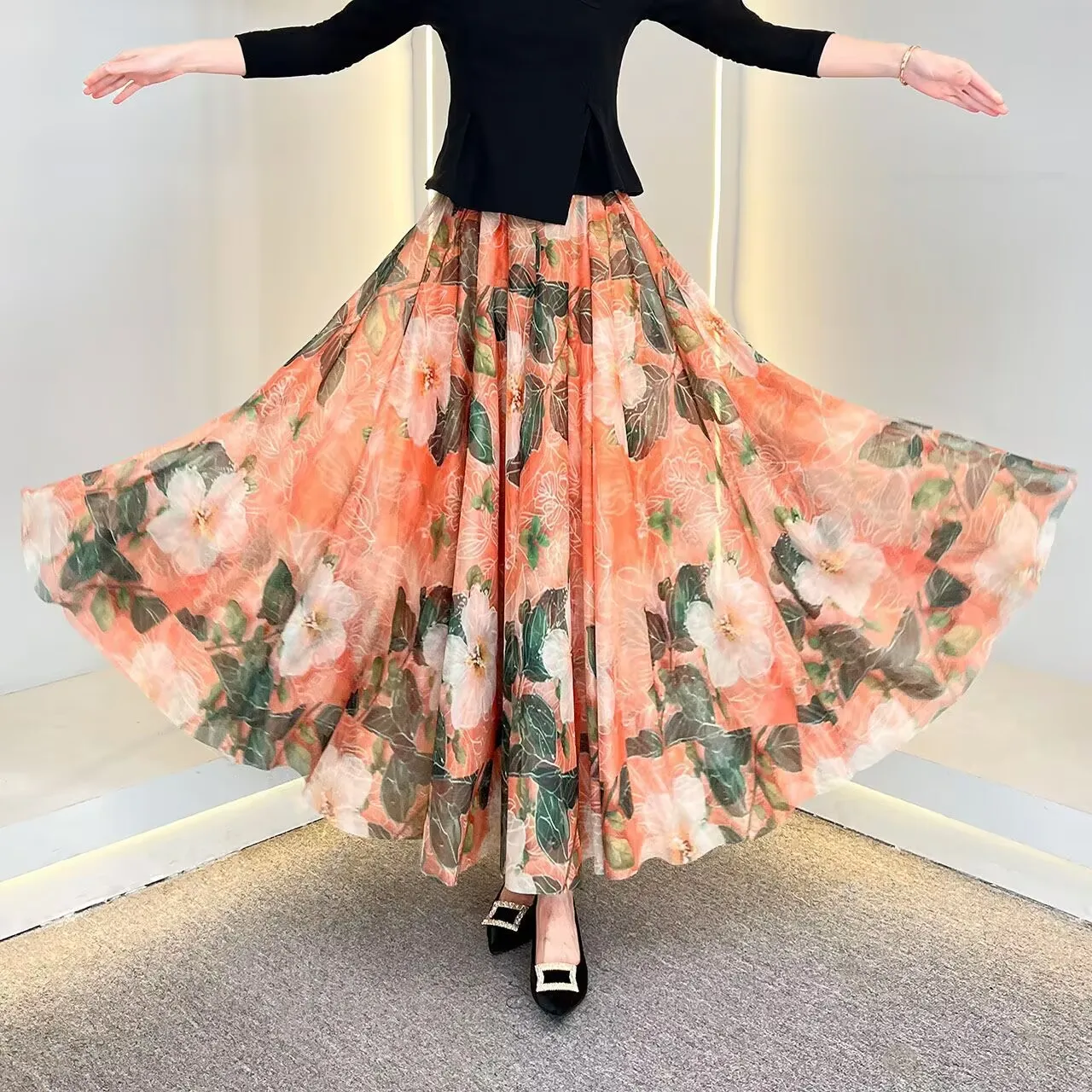 

2025 женская юбка трапециевидной формы с высокой талией, длинная тюлевая юбка, танцевальная юбка, макси-сетчатая юбка с цветочным принтом