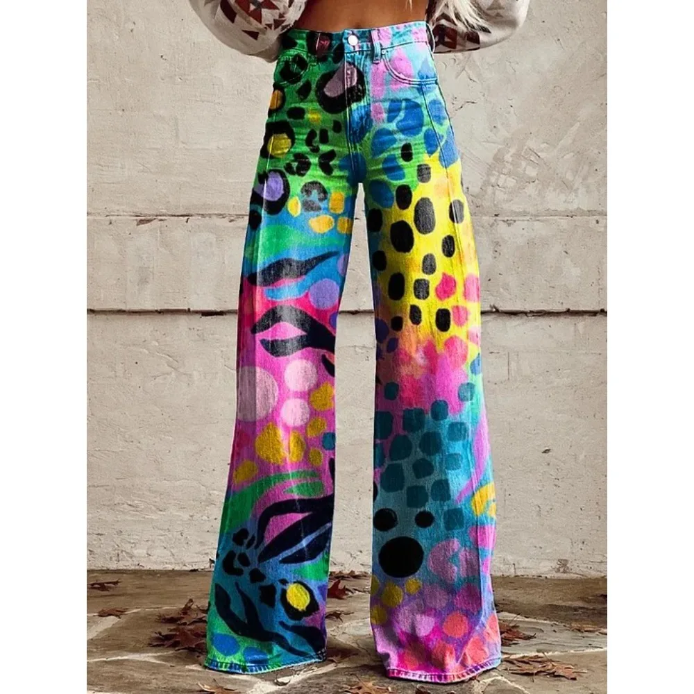 Vintage Leopardenmuster Weite Hose 100% Baumwolle Hohe Taille Locker Sitzende Lässige Palazzo-Hose Sommer Urlaub Streetwear Hose – Detail 4