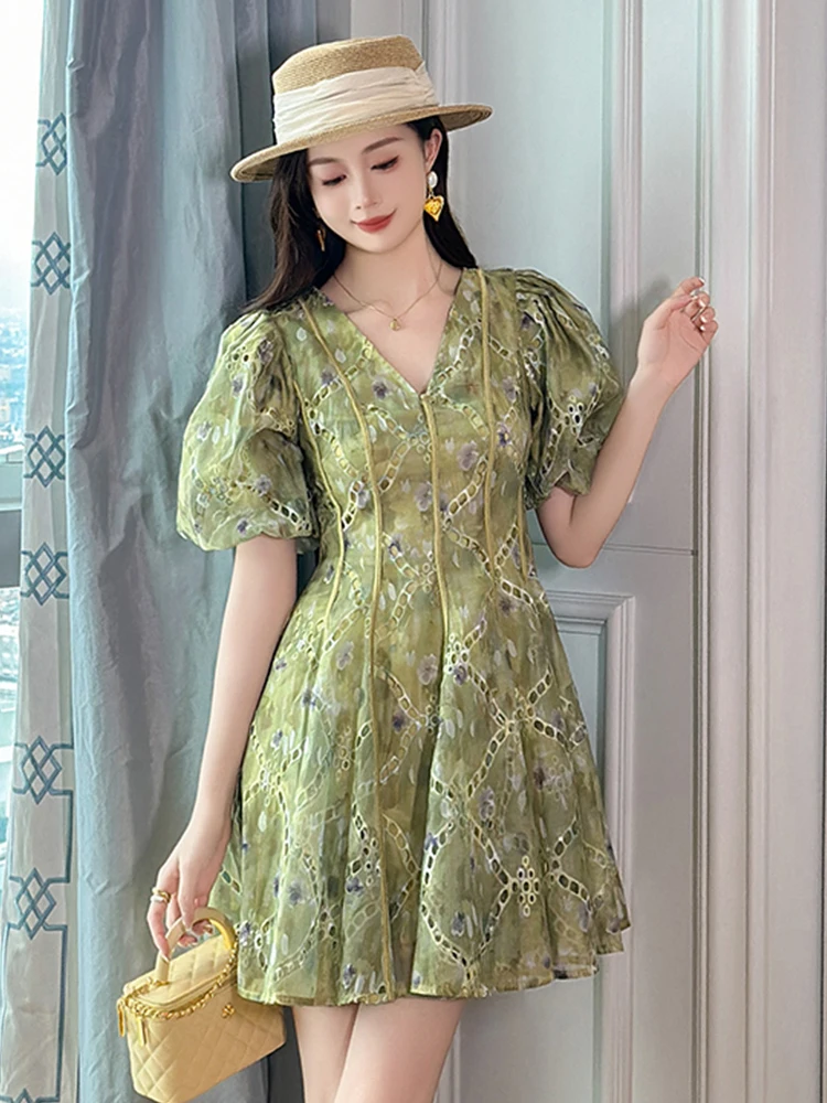 

Summer Casual Sweet Floral Print V-Neck A-Line Short Dress Women Clothes Elegant Vintage Puff Sleeve Slim Party Vestido Vacation