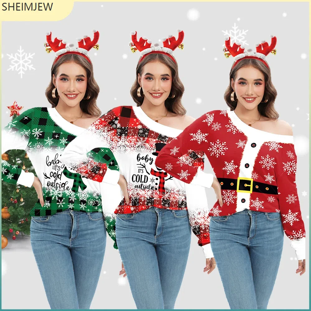 Christmas Snowman Printed O-neck T-shirt Women Off-shoulder Christmas Pullover Festival Party Ugly Sweatshirt Christmas Gift New