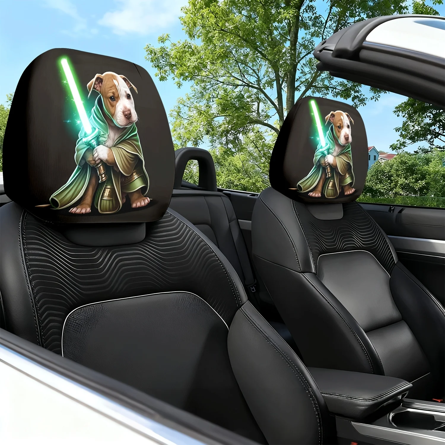 2pcs Car Headrest Covers Puppy Holding Light Sword Samurai Theme Printed Car Seat Headrest Neck Pillow Covers - Anti-Slip, Sta