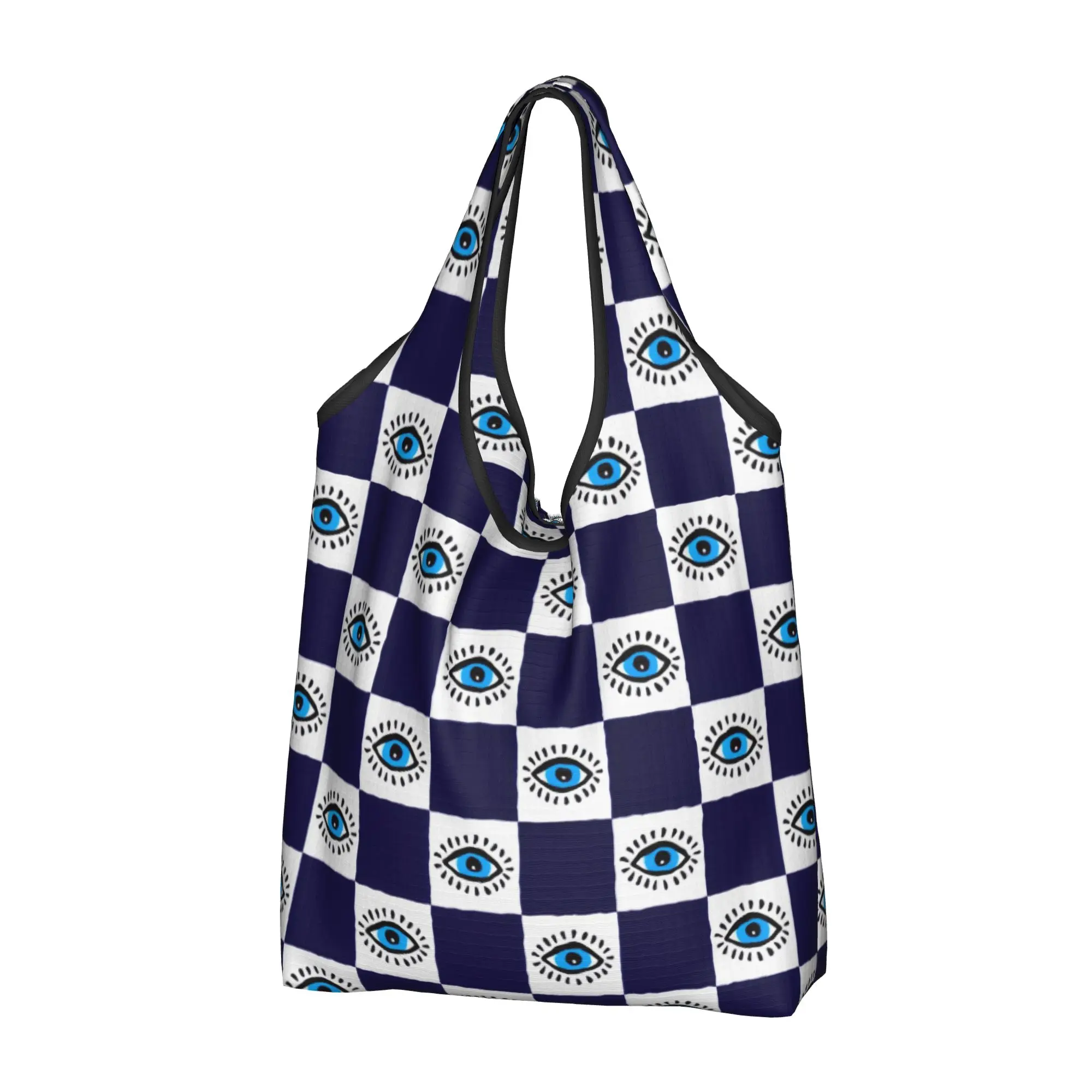 Custom Evil Eye Nazar  Checkered Plaid Shopping Bags Women Portable Big Capacity Groceries Hamsa Lucky Charm  Tote Shopper Bags