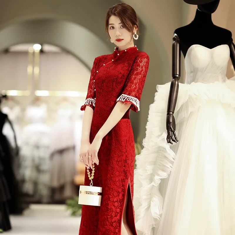 

Chinese-style cheongsam toasting dress bride's lace red wedding and engagement female return