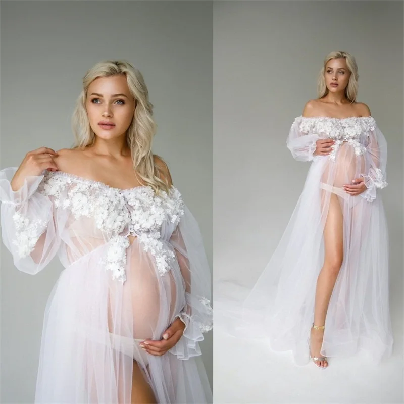 

White Tulle Bridal Maternity Dresses for Photo Shoot Pregnant 3D Flower Appliqued Beads Full Sleeves Custom Made Women Prom Gown