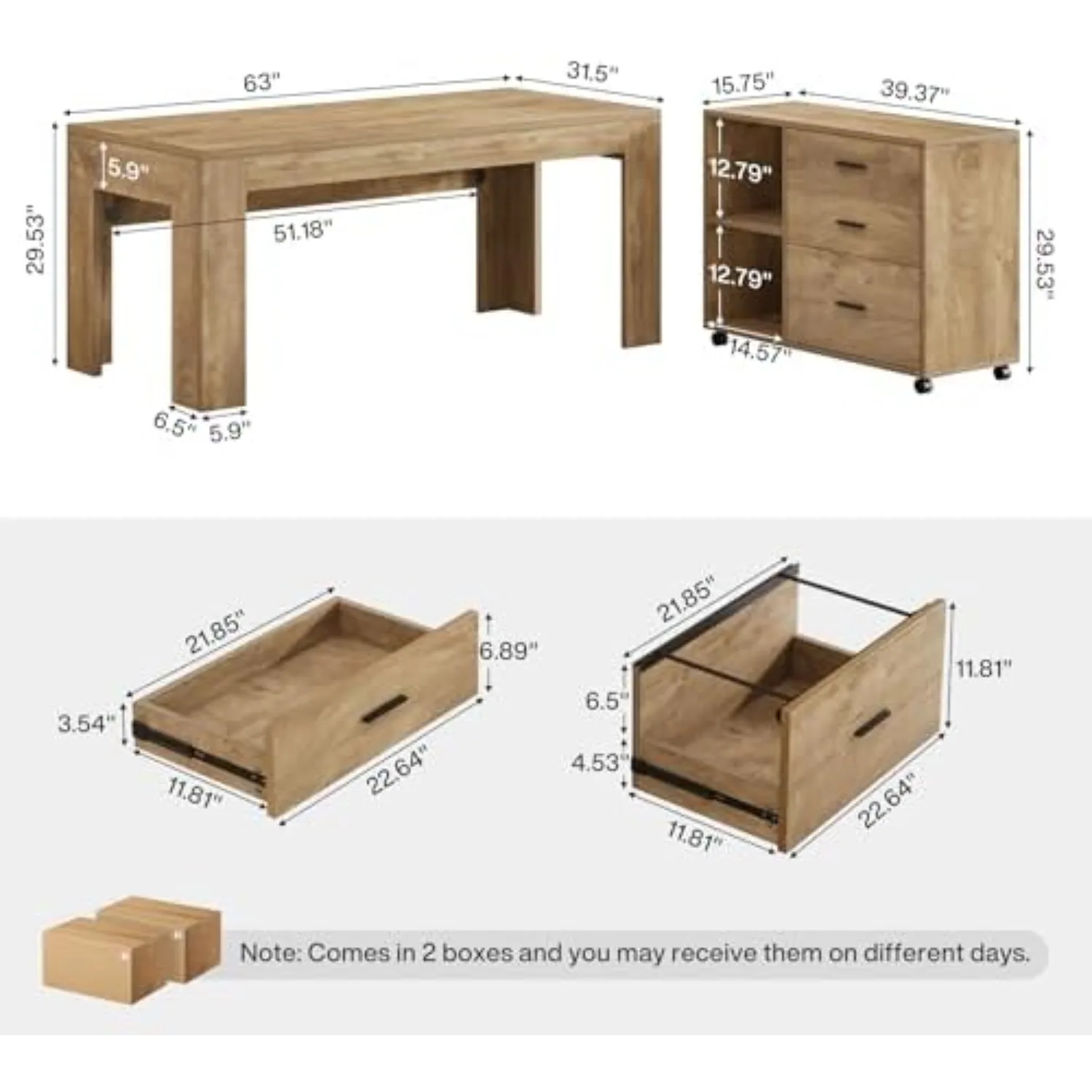 L Shaped Executive Desk with Drawers,Light Brown | Large Office Desk with Rolling File Cabinet Combo,Home Office