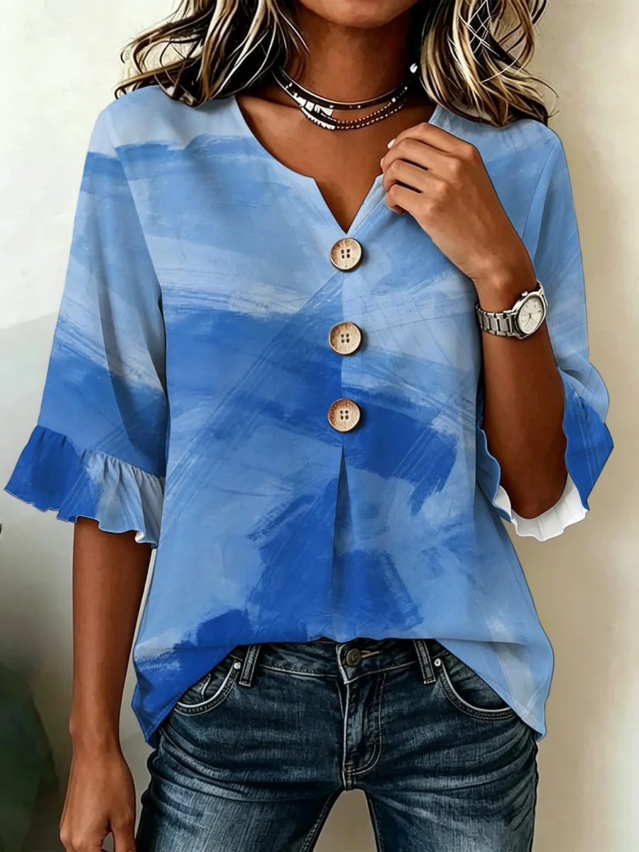 Plus Size Women V Neck Button Decor Blouse Refreshing Clean Blue Gradient Print Pullover Top for Vacation Trip Casual Relax Dail