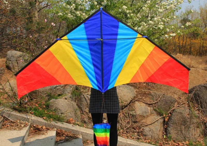 free shipping 180cm rainbow kite flying toys outdoor fun large delta kites windsocks kite string reel for adults kites factory