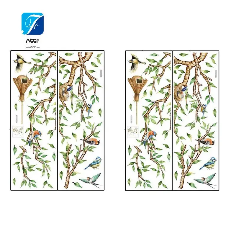 A55F-Colorful Flower And Bird Branch Wall Stickers, Peeling And Pasting, Green Leaf Bird'snest Wall Stickers, For Living Room