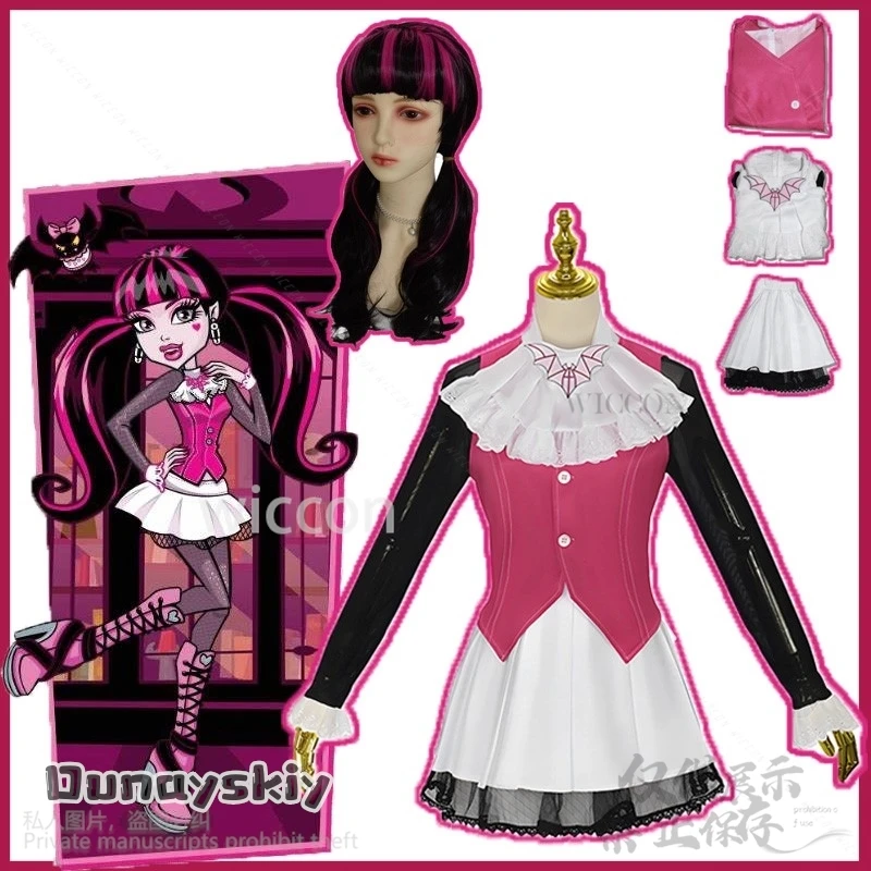 Anime Film Mostro Cosplay Draculaura Costume High Girl JK Abito scolastico Rosa Lolita Parrucche Vampiro Halloween Natale Gioco di ruolo
