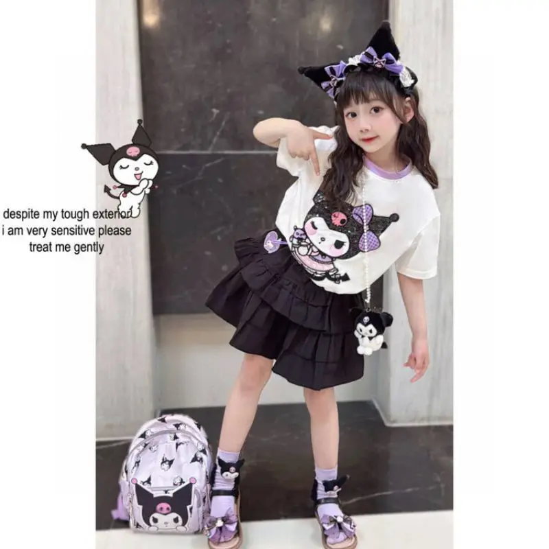 Kawaii meine Melodie Mädchen Kleid Cartoon Kuromi Cinna moroll Kurzarm Falten rock Set Kinder Sommer Mode Prinzessin Kleid Geschenk