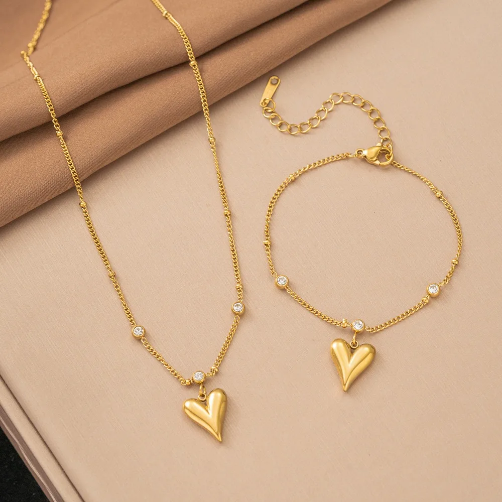 Romantic Gold Tone Stainless Steel Heart Pendant Round CZ Necklace Bracelet Anklet Set for Women Colorfast Valentine Jewelry Set