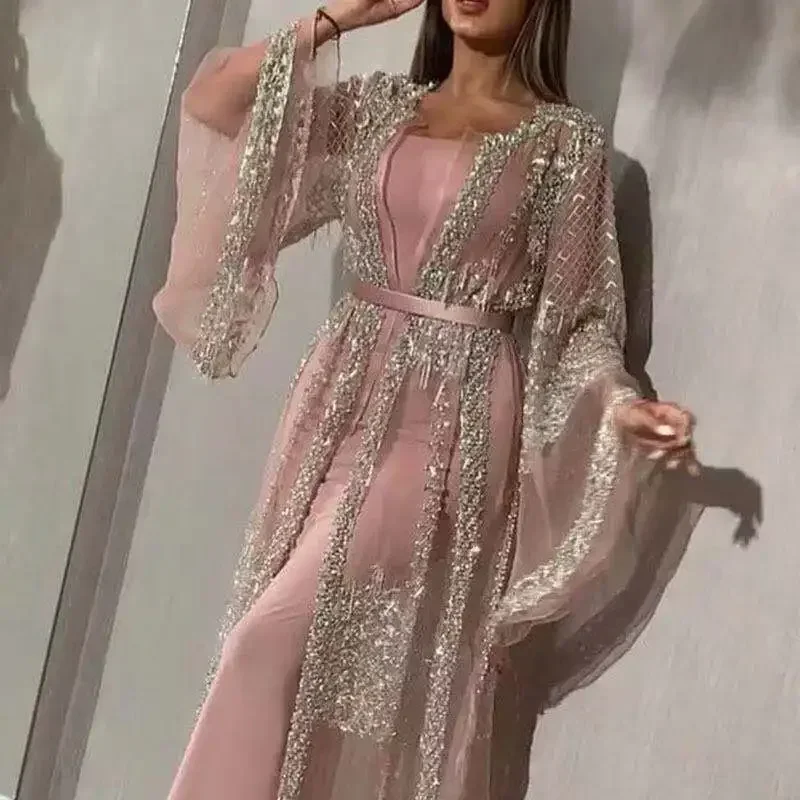 Women Fashion Party Evening Dresses Sexy Lace Maxi Long Dress High Waist Robe Summer Long Sleeve Elegant Abayas Deep V-neck Robe