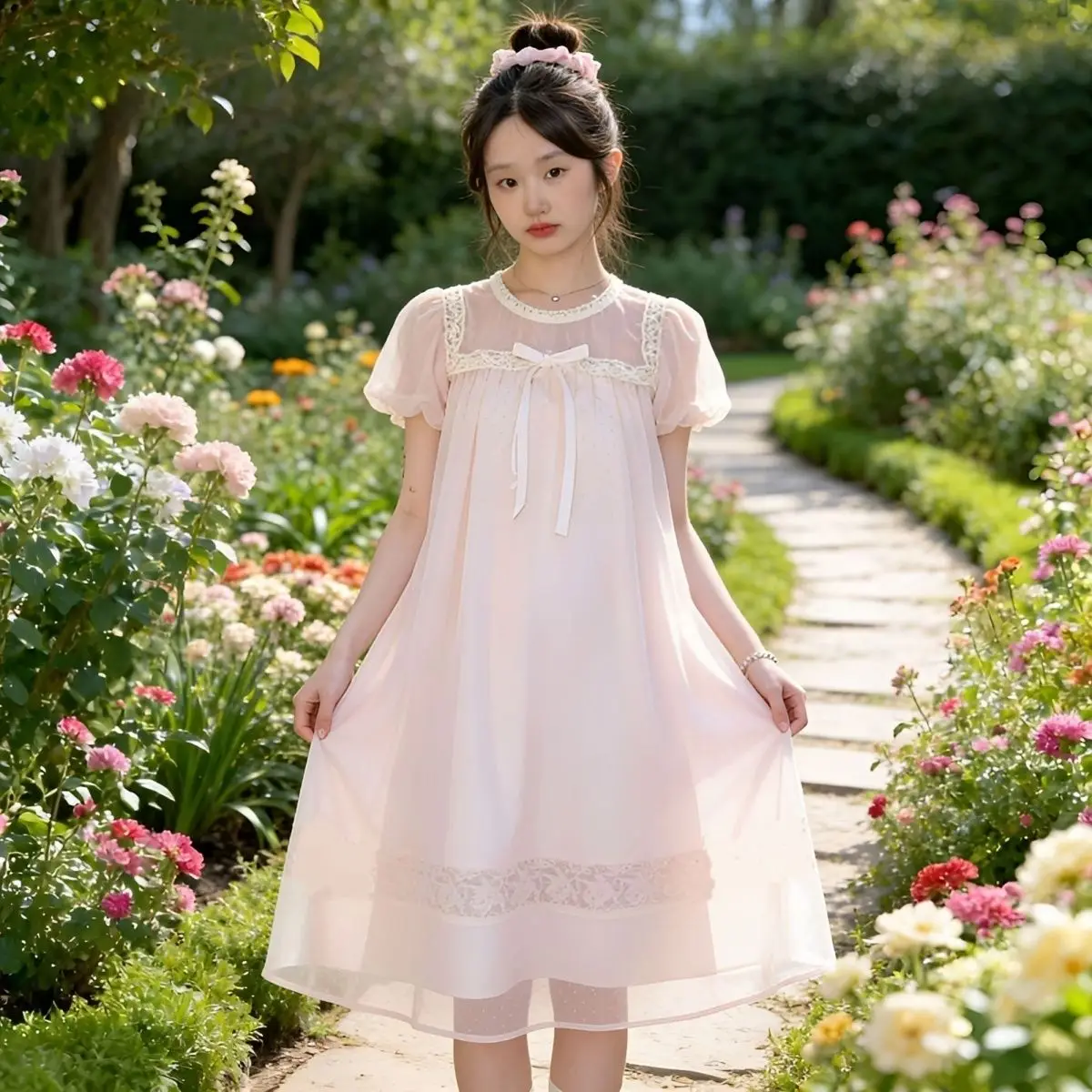 

Kids Girls Elegant Fashion Chiffon Dress, Light Pink with Lace Neckline & Hem, Bow Accent Puff Sleeve A-Line Dress for Toddlers
