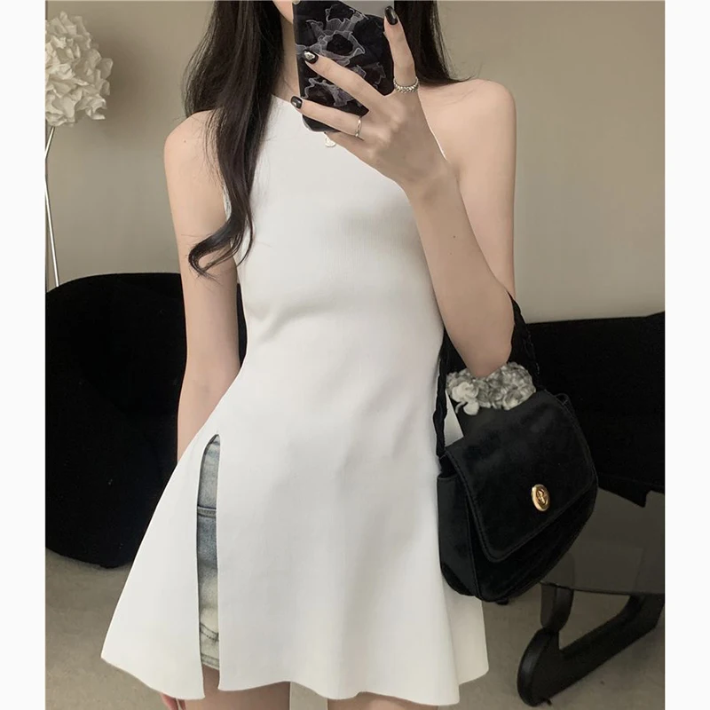 Y2K Women Knitted Shirt Korean Slim Spaghetti Strap Slit Female Blouse Summer New Fashion All Match Sleeveless Ladies Tops