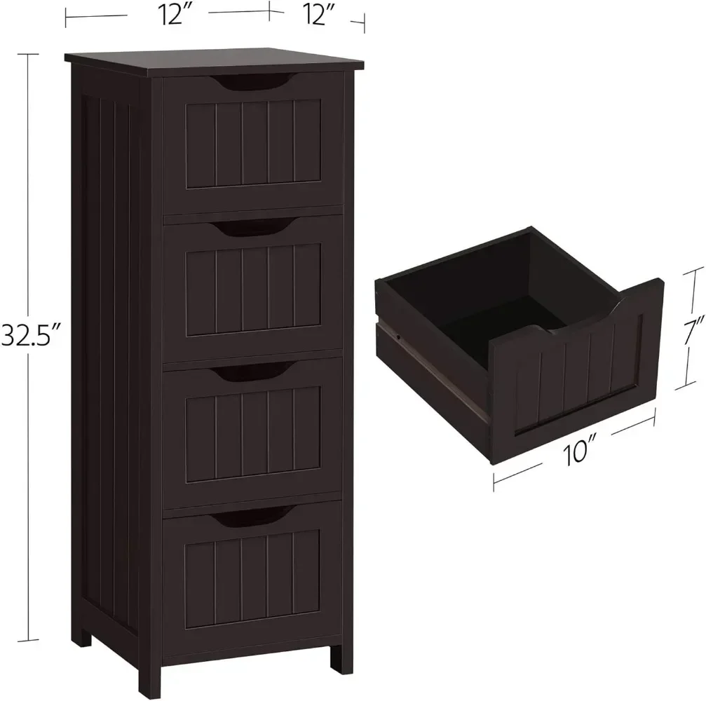 Bathroom Floor Cabinet, Wooden Side Storage Organizer, 4 Drawers Free-Standing Cabinet for Bathroom/Hallway/Living Room