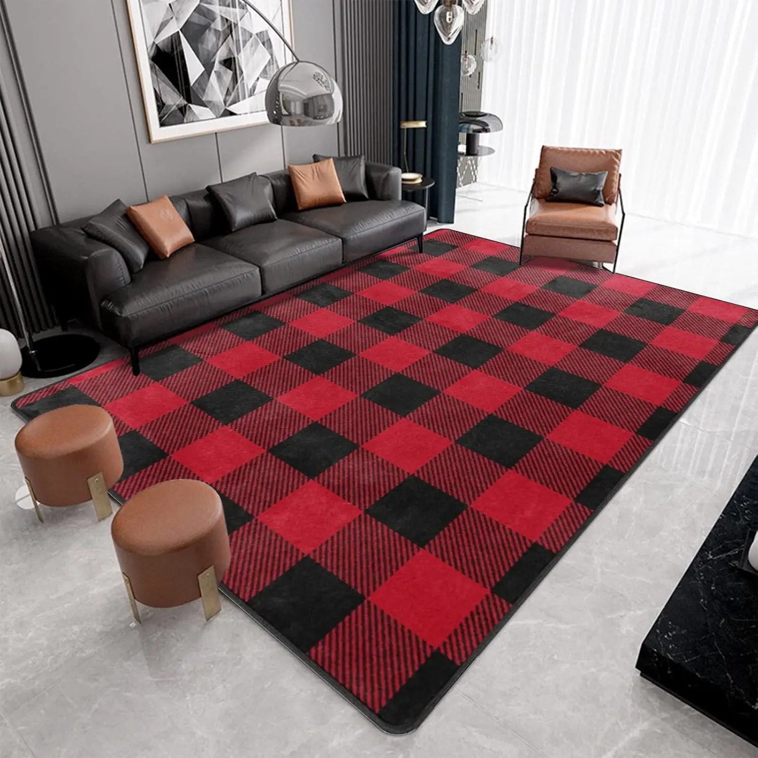 Red Black Buffalo Plaid Rug,Christmas Area Rugs Non-Slip, Red Buffalo Check Floor Carpet Mat for Kitchen Living Room Bedroom