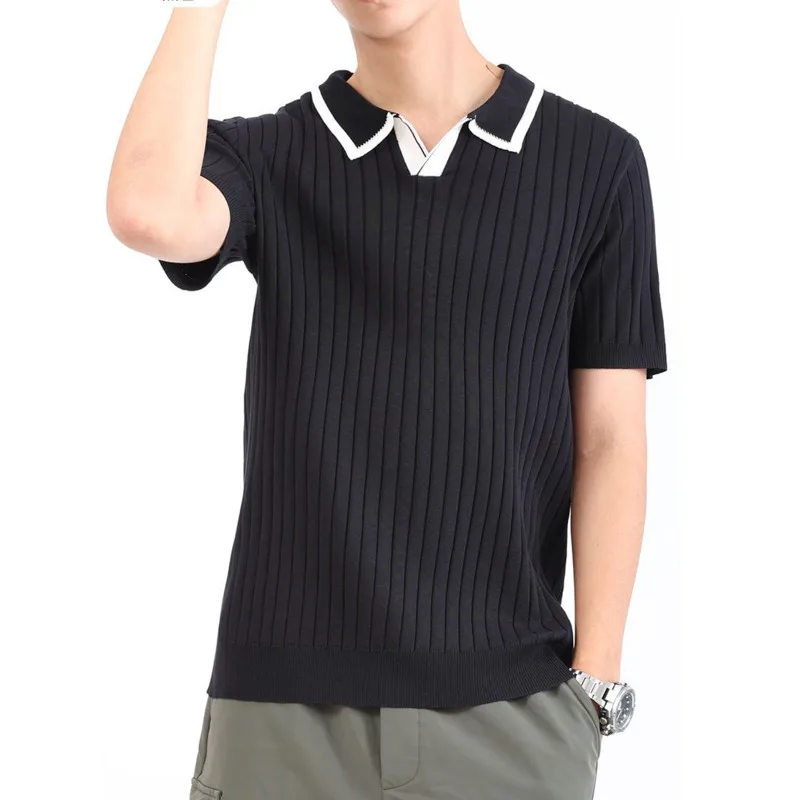 2025 الرجال الصيف موضة تنوعا الراقية قميص بولو الحرير الجليد عادية مخطط الخامس الرقبة الأعمال متماسكة قصيرة الأكمام تي شيرت #3