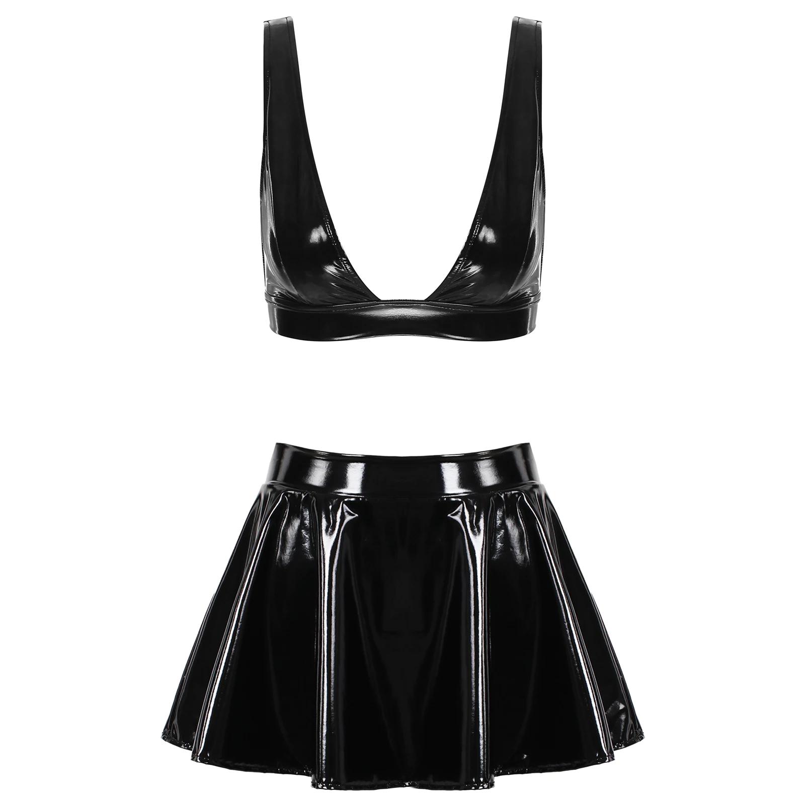 

Sexy Womens Wet Look Deep V Bras with Mini Pleated Skirts Set Patent Leather Bra Top with A-Line Zipper Skirt for Club Nightwear