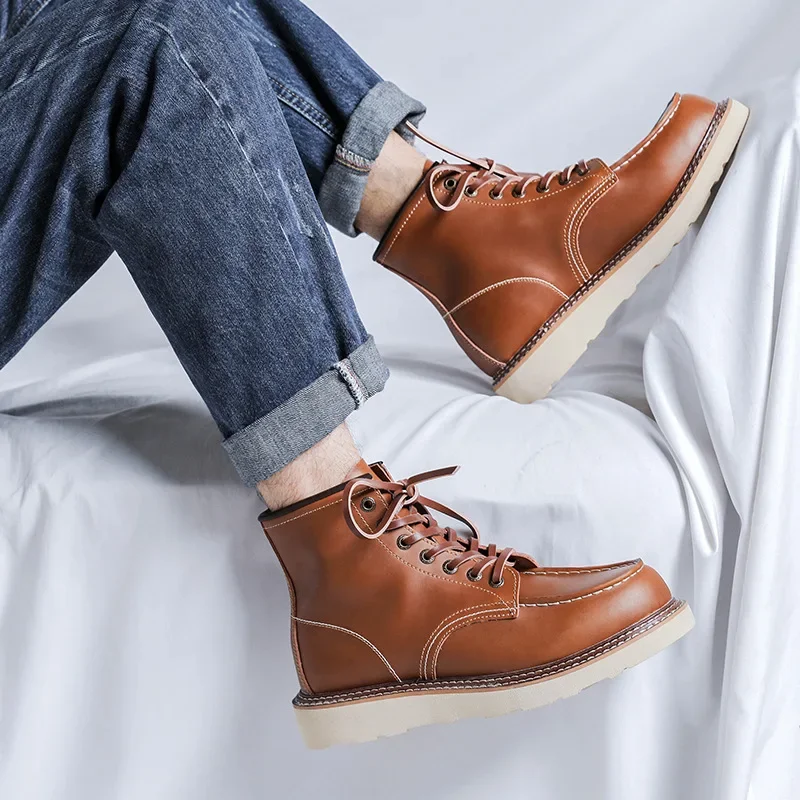 Handmade New Spring Autumn Vintage Men Ankle Boots Dress Leather Shoes British Outdoor Work Tooling Boots Desert Motorcycle Boot