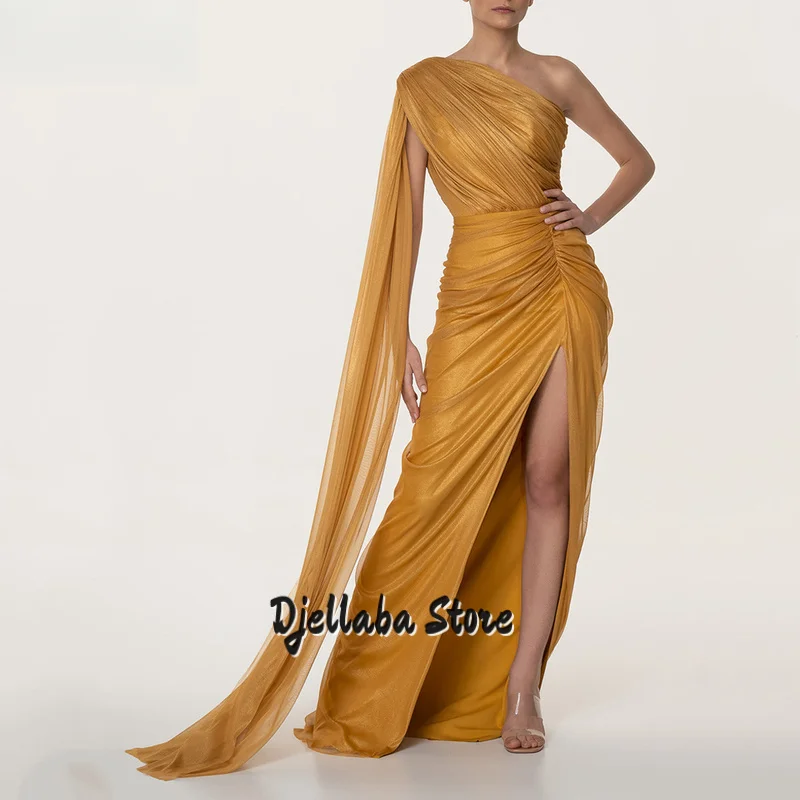 Vestido de noche brillante de seda naranja, vestido para ocasiones formales de sirena con un hombro, vestidos de graduación de Arabia con abertura lateral personalizados