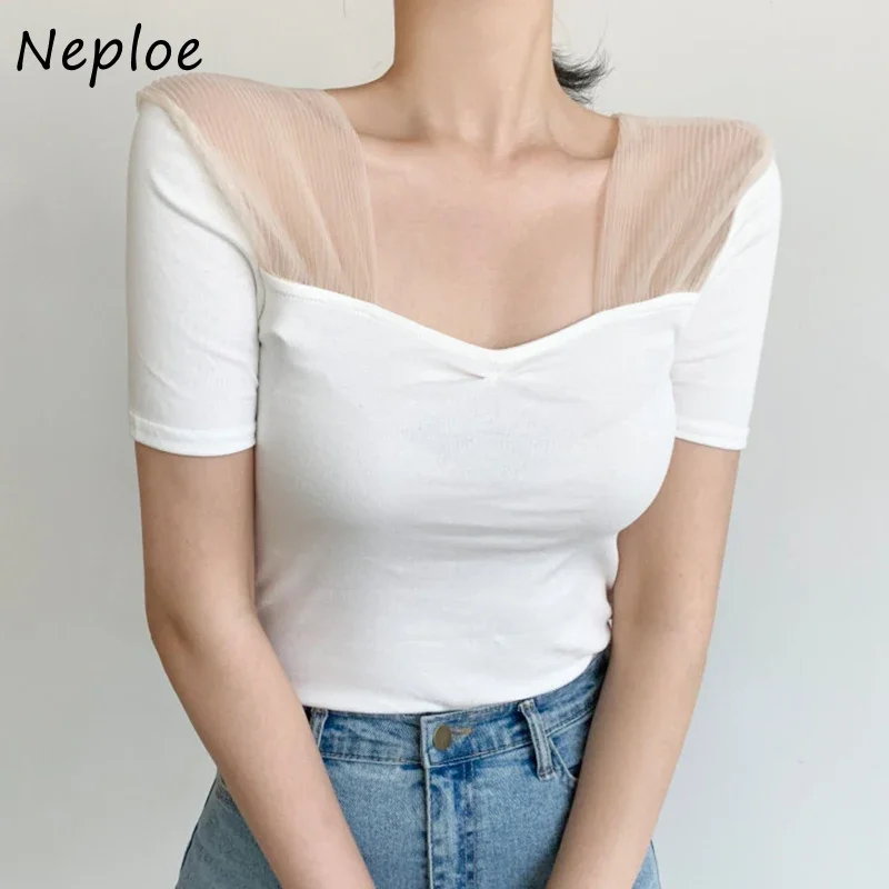 Neploe Sexy Collo Quadrato Maglia Patchwork T-shirt a maniche corte Design Senso Sottile Sottile Donna Top 2024 Estate Temperamento Tees