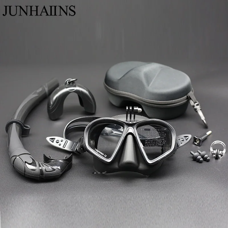 Wet Low Volume Snorkeling Mask Tempered Glass Freedive Mask J-type Diving Mask Snorkel Set with Camera Mount