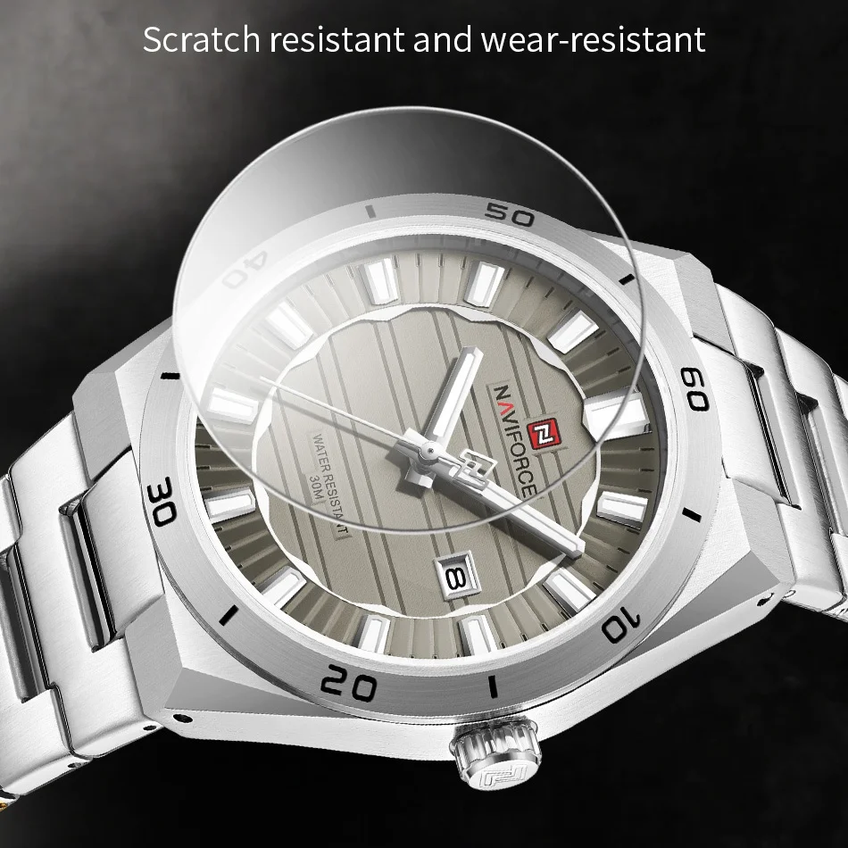 NAVIFORCE Men's Watch 3ATM Waterproof Luminous Hands Calendar Date Stainless Steel Band Simple Business Fashion Wristwatch