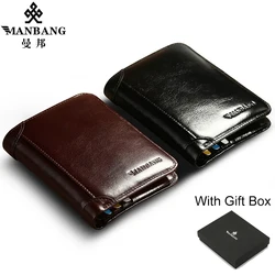 ManBang Luxury Men Wallet Genuine Cow Leather Male RFID Trifold Short Purse For Men with ID Window and Credit Card Holder