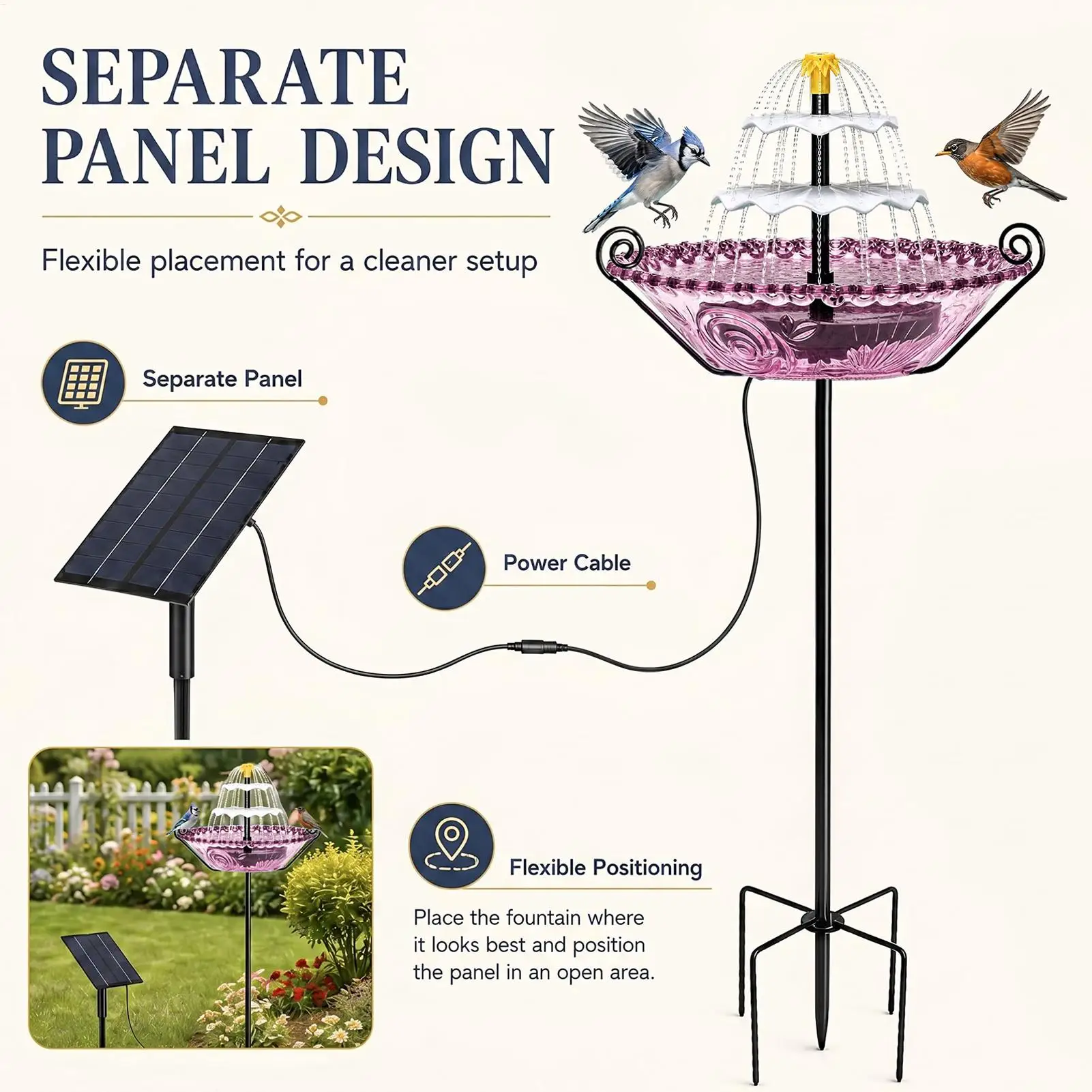 Bird Bath Solar Powered Garden Decor Birdbath Outdoor Hummingbird Waterer For Homeowners Nature Lovers Backyard Patio Deck - view 4