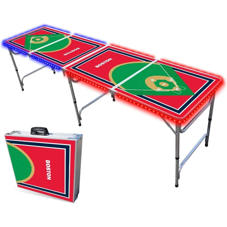 

8Foot Folding Portable Pong Table with Optional Cup Holes and LED Lights for Indoor Outdoor Recreation Ideal for Home Game Room