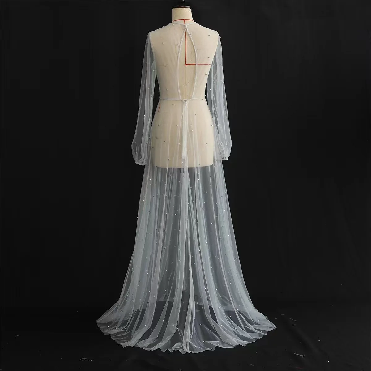 Bridal Luxury Robe Pearl Long Sleeve Wedding Jacket Star Lace Tulle Party Shawl Floor-Length Bridal Cape Sexy Robe