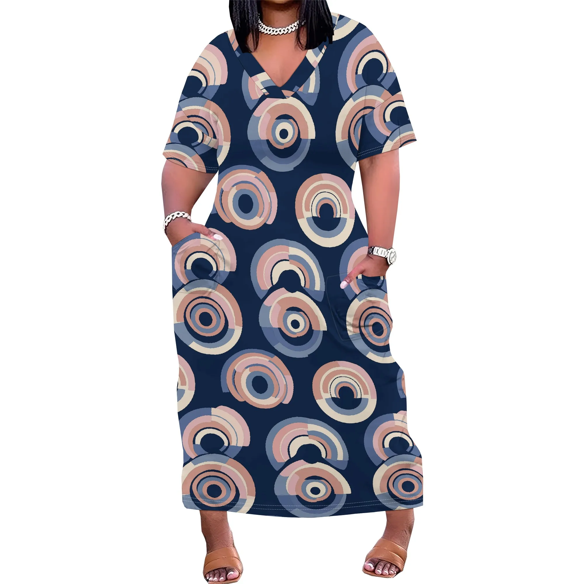 Retro Circle Print Plus Size Maxi Dress XL-6XL – Navy & Cream Geometric Look for Smart Casual or Art Events 2025