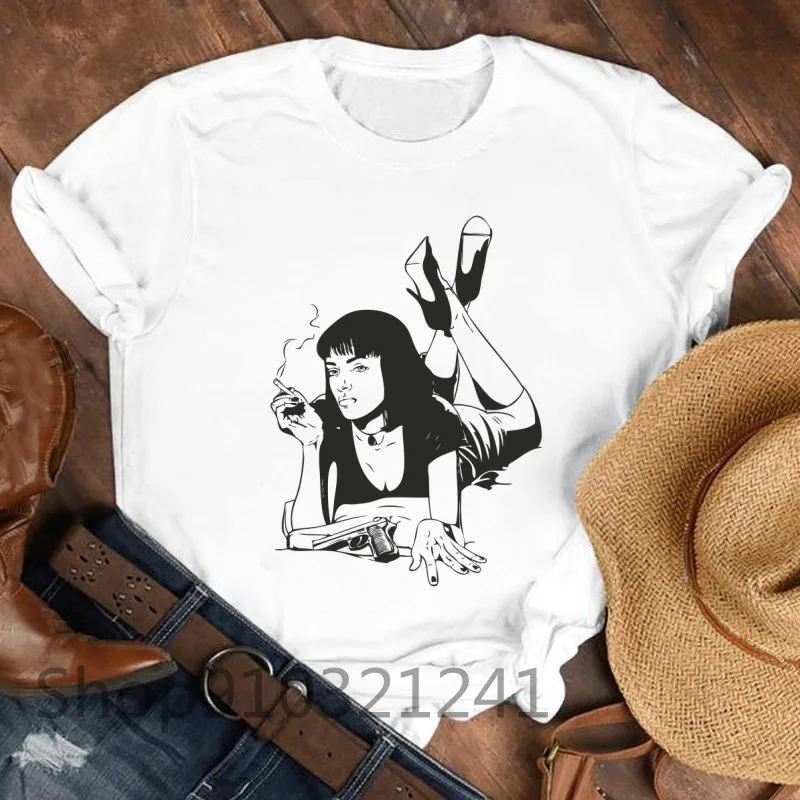 Vintage Pulp Fiction Women T-shirt Aesthetic Summer Short Sleeve Tshirt Printed Movie Harajuku Tshirt Graphic Tops Tee Female