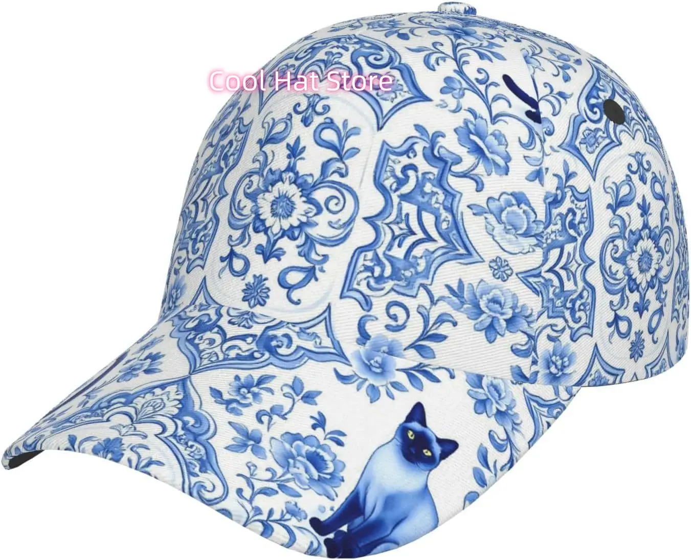 Blue Cat Floral Pattern Pattern Baseball Cap Adjustable Cotton Baseball Hat for Sports, Outdoor, Travel Gifts for Men