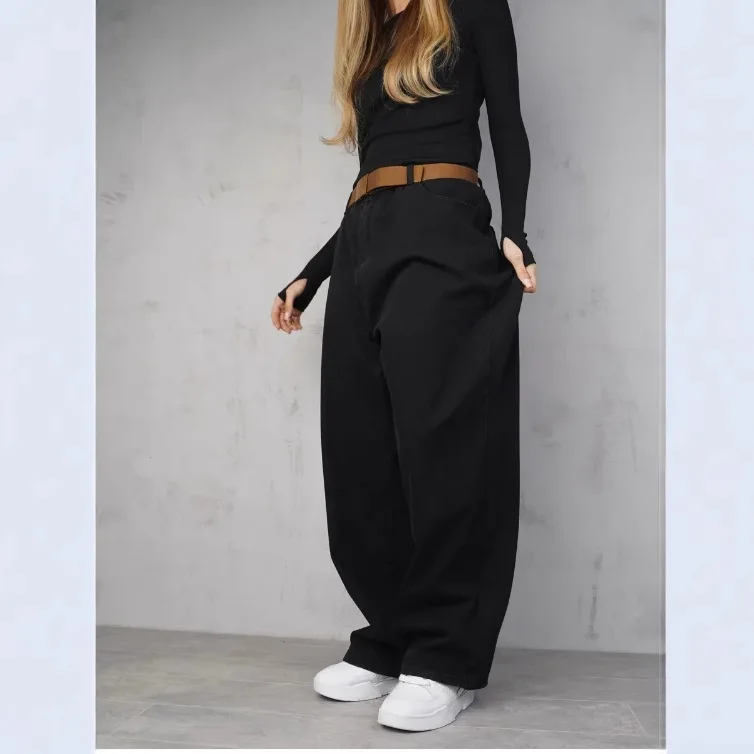YJKDYK Black High Waisted Straight Leg Jeans Women's New Autumn Pear Shaped Figure Fat High Waisted Loose Wide Leg Pants