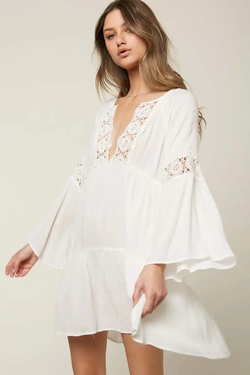 Casual Vacation Bikini Swimsuit Cover-up Dresses For women Boho Beach Flare Sleeve Lace Robe Deep V Neck Summer Dress Vestidos