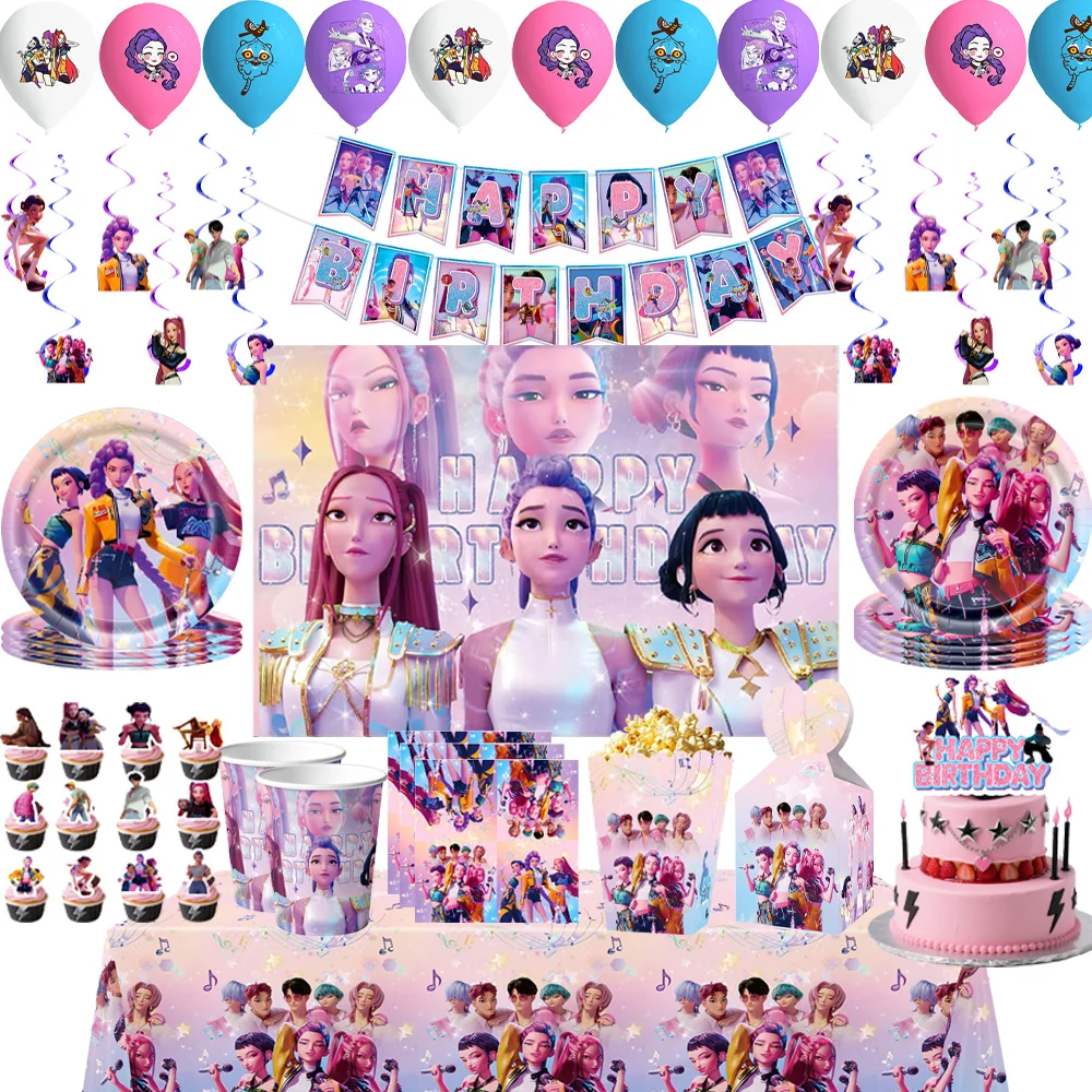 Kpop – vaisselle jetable thème chasseurs de démons, tasse, assiette, décoration de gâteau, toile de fond, Huntrix Saga, décoration de fête, fournitures de réception-cadeau pour bébé