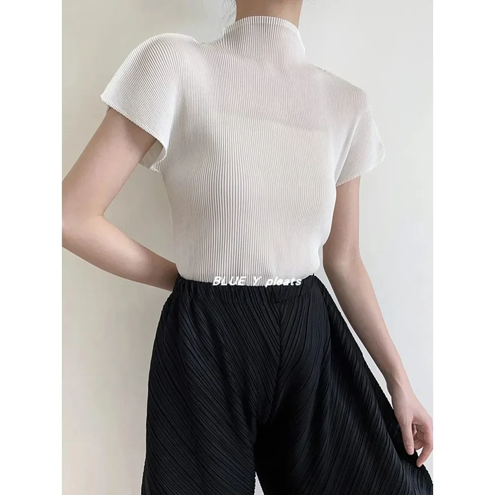 Pleats Pleated Half High Neck Profile Black T-shirts Women Summer Korean Fashion Causal Tops Designer Aesthetic Clothing