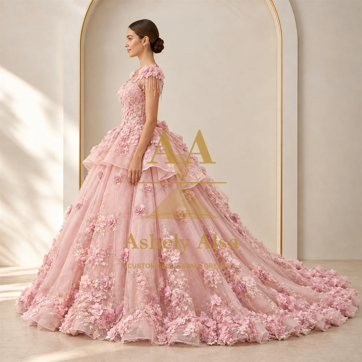 Blush Pink Quinceanera Dress V Neck High Low Overskirt Floral Lace Long Train Floor Length Formal Party Custom Size